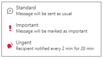 image showing , standard, important and urgent message settings