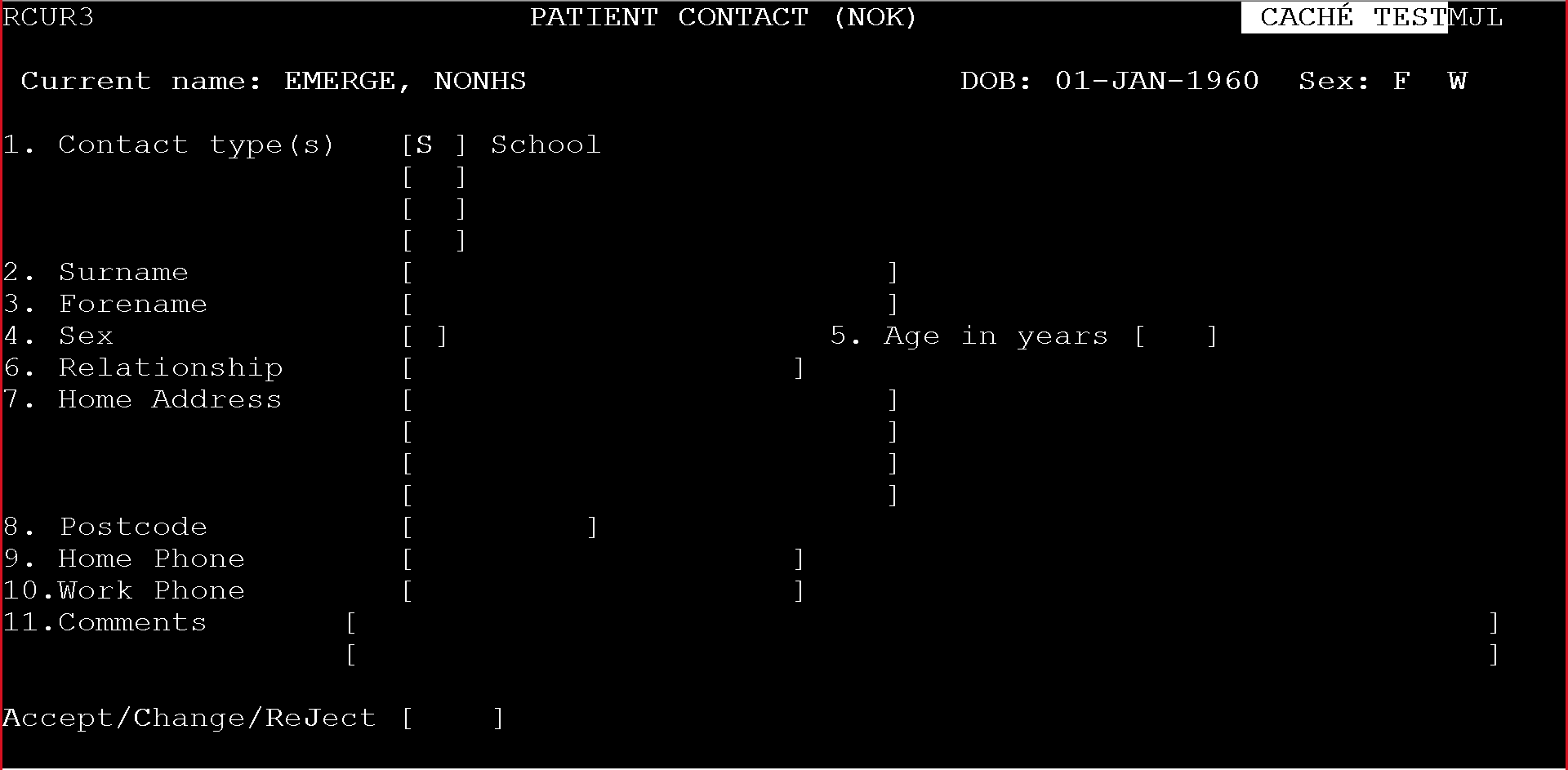 The Patient Contact screen