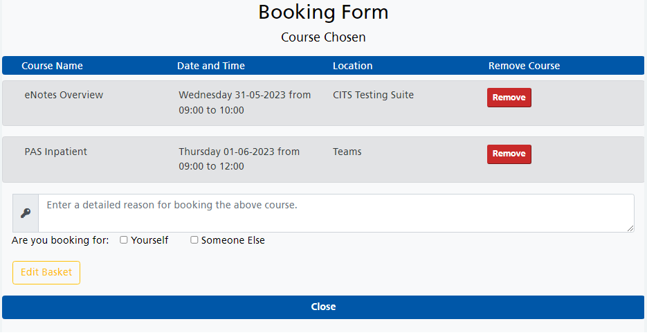 Booking form for self booking