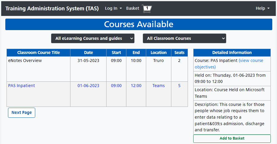 The Courses Available page with a second course selected