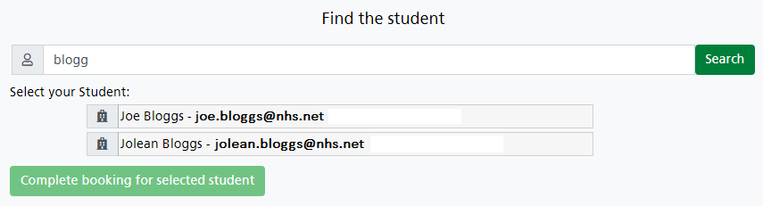 Booking search for student result