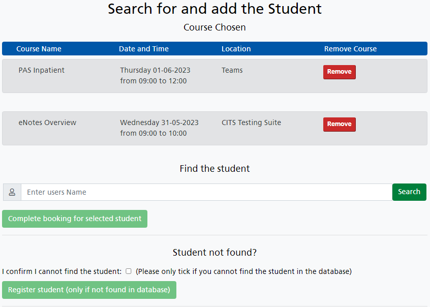 Booking search for a student