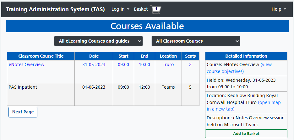 Available courses, with a course selected