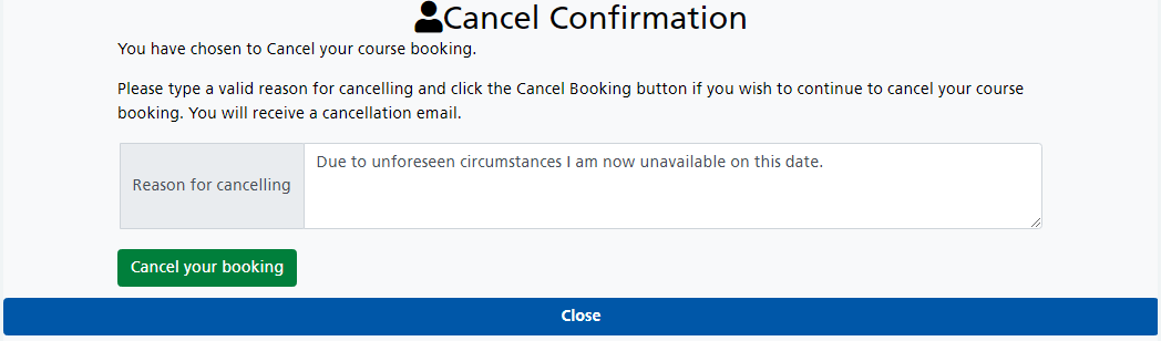 Cancel course booking confirmation