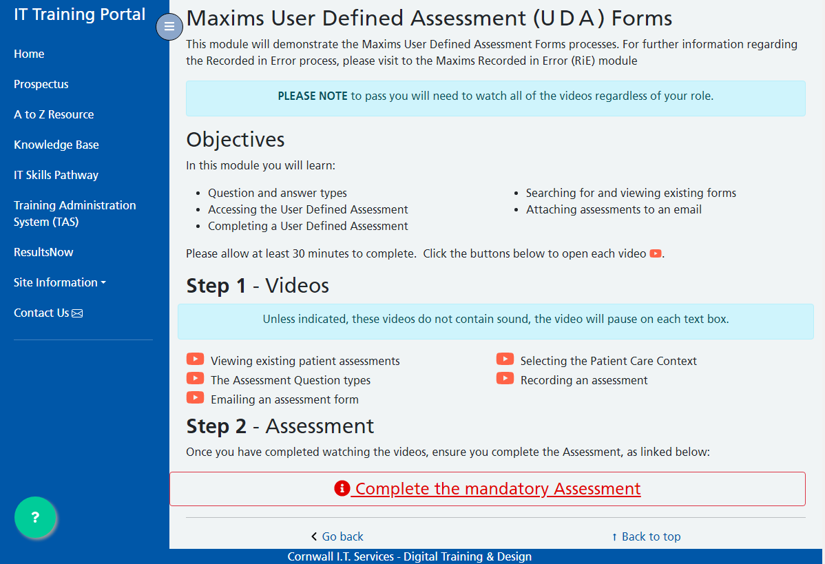 Assessment button