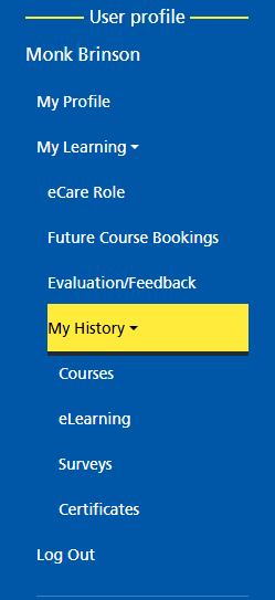 Digital Training Portal - User Profile menu Certificates option