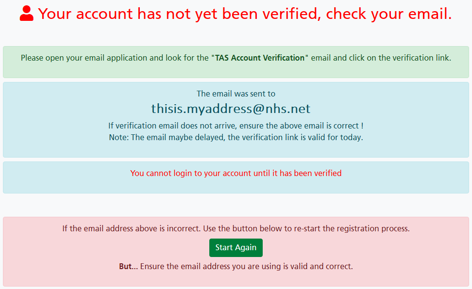 TAS account verification page