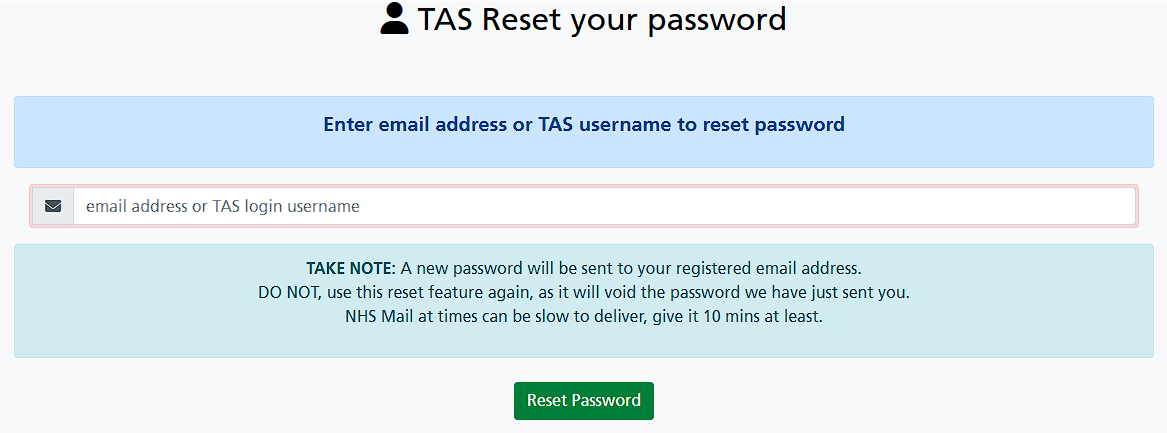 TAS password reset screen