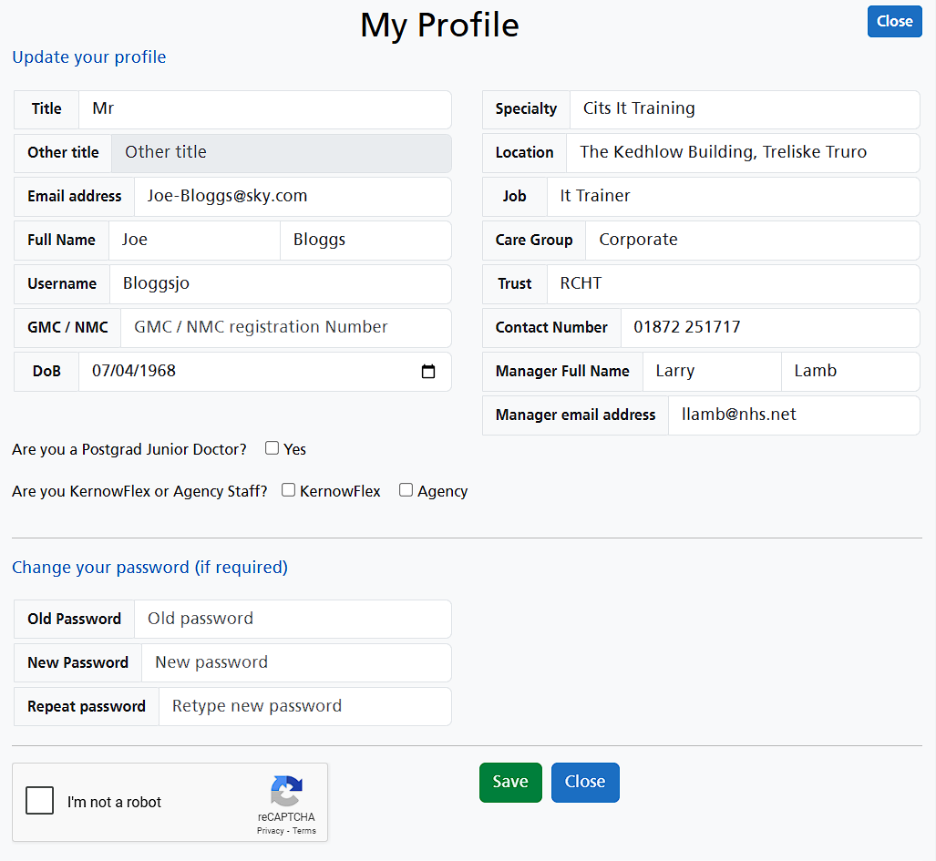 The My Profile page