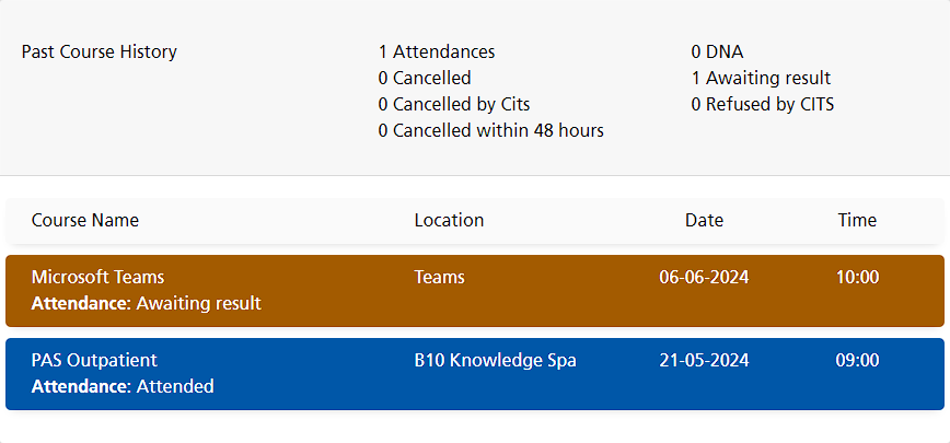 Course past booking history