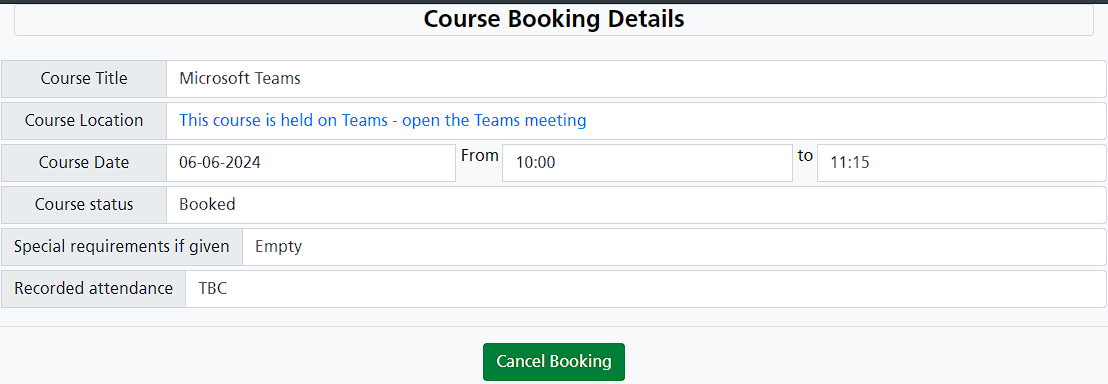 Course booking details