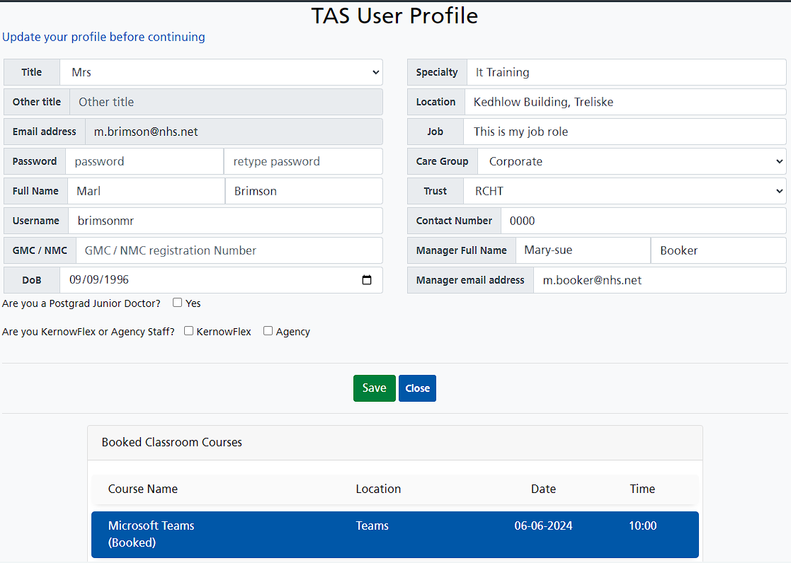 Populated user profile