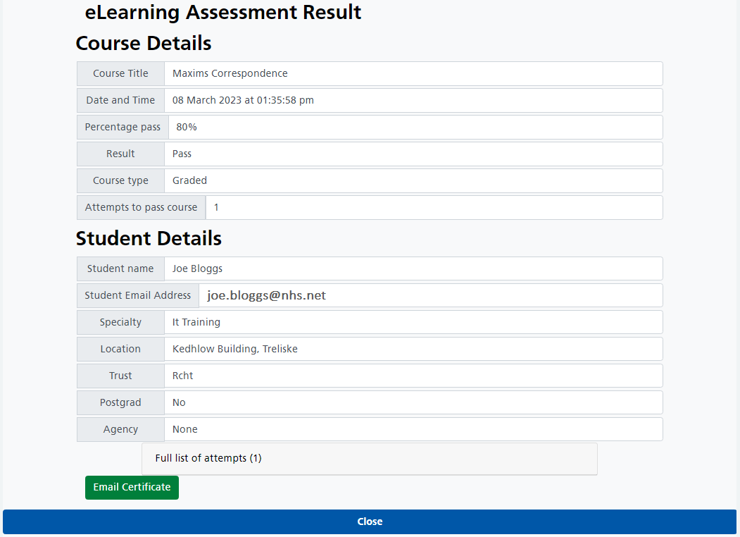 eLearning assessment result details