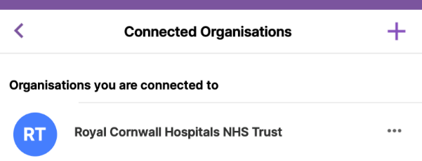 Screenshot of the Connection Organisations screen showing active connection to Royal Cornwall Hospitals NHS Trust.