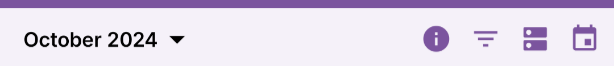 Screenshot of the top bar of the calendar on Loop, showing the date picker, Information button, filter button, organisation button and calendars button (where you can switch between calendars).