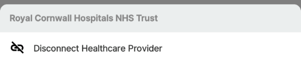 Screenshot of the Disconnect Healthcare Provider option within Connected Organisations.