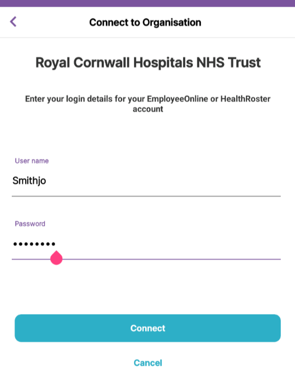 Screenshot of the Connect to Organisation screen showing where to enter EmployeeOnline / HealthRoster / Rostering ID username and password.