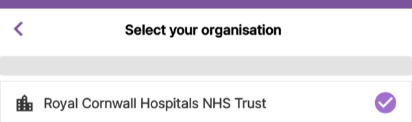 Screenshot of the Organisation screen showing connection to Royal Cornwall Hospitals NHS Trust.