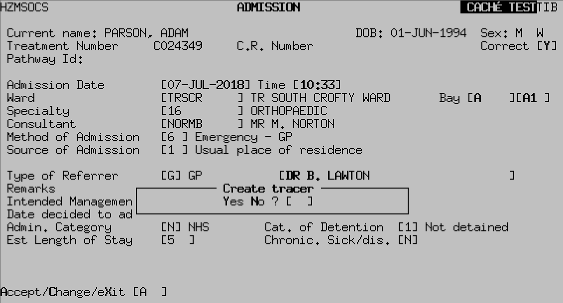 The Admission screen displaying the Create Tracer confirmation