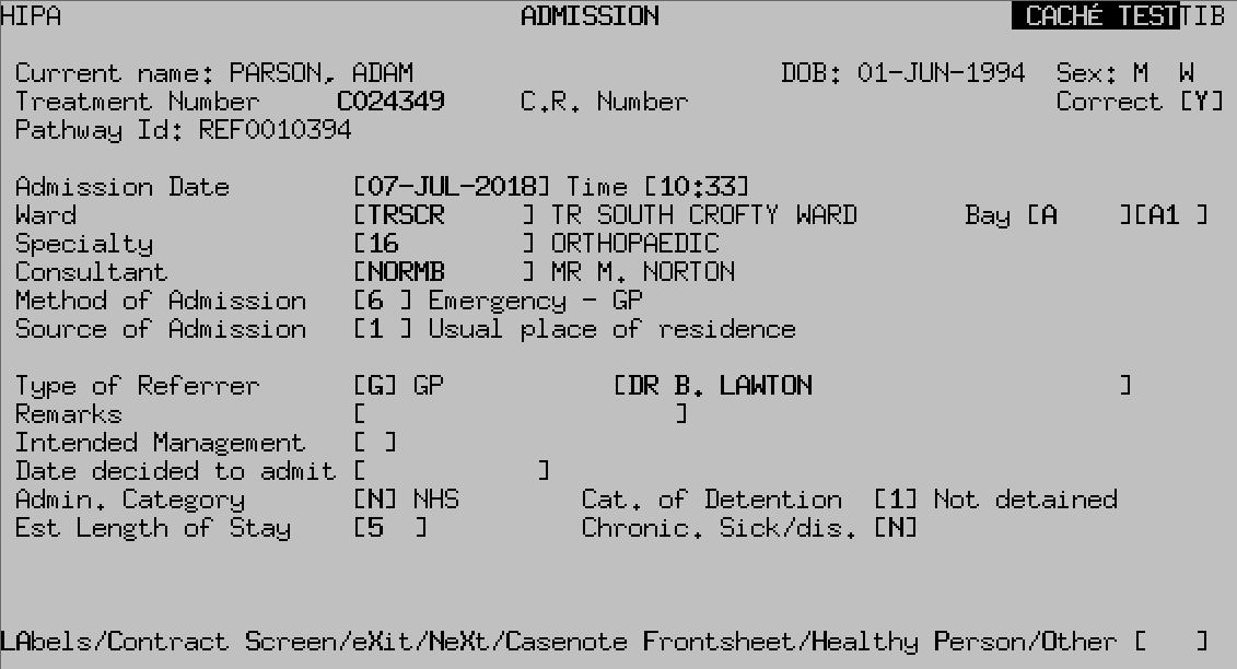 The Admission screen containing the patient's details.