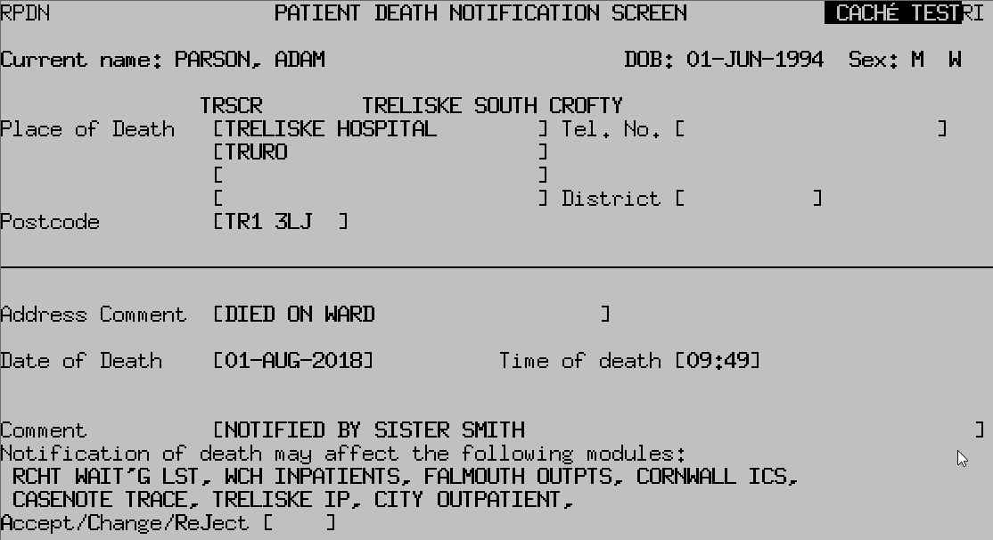 Patient Death Notification screen.