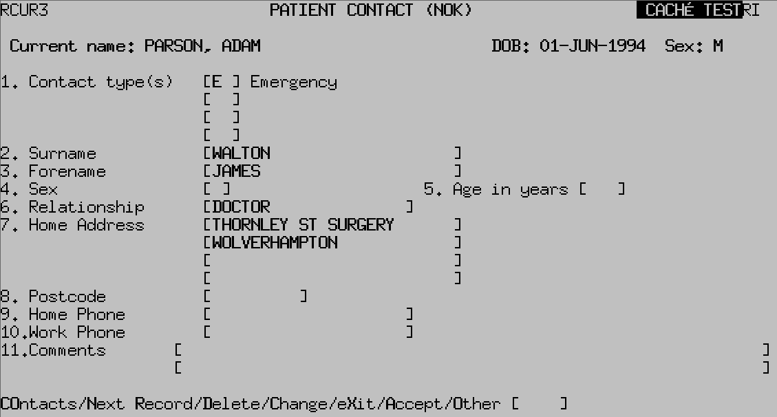 The Patient Contact (NOK) screen.